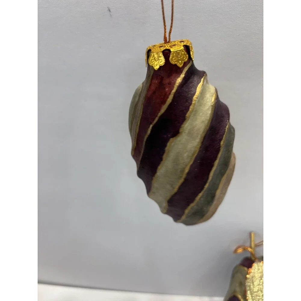 VTG. Christmas Ornaments Paper Mache Hand Painted Retro 80's Pear Gold Leaf